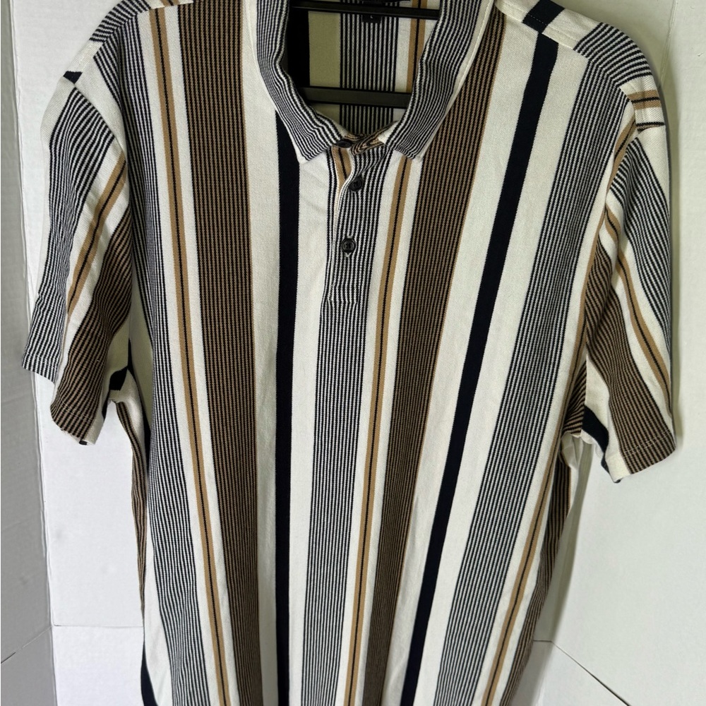 Express Polo Shirt Mens Large Striped Short Sleeve Knit Beige Brown Black